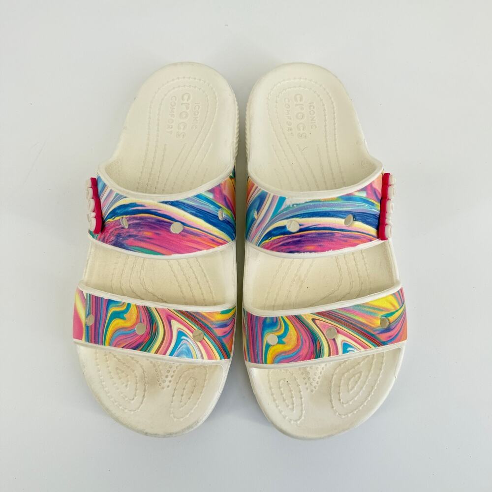 Crocs Unisex Slide Sandals Size M6 W8 White Multicolor Comfort Open Toe Poolcore - Picture 3 of 9